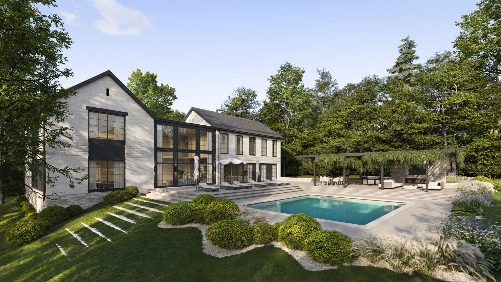 The Holyrood Residence blends modern design with traditional architectural elements, featuring brick and locally quarried stone, complemented by expansive floor-to-ceiling windows.